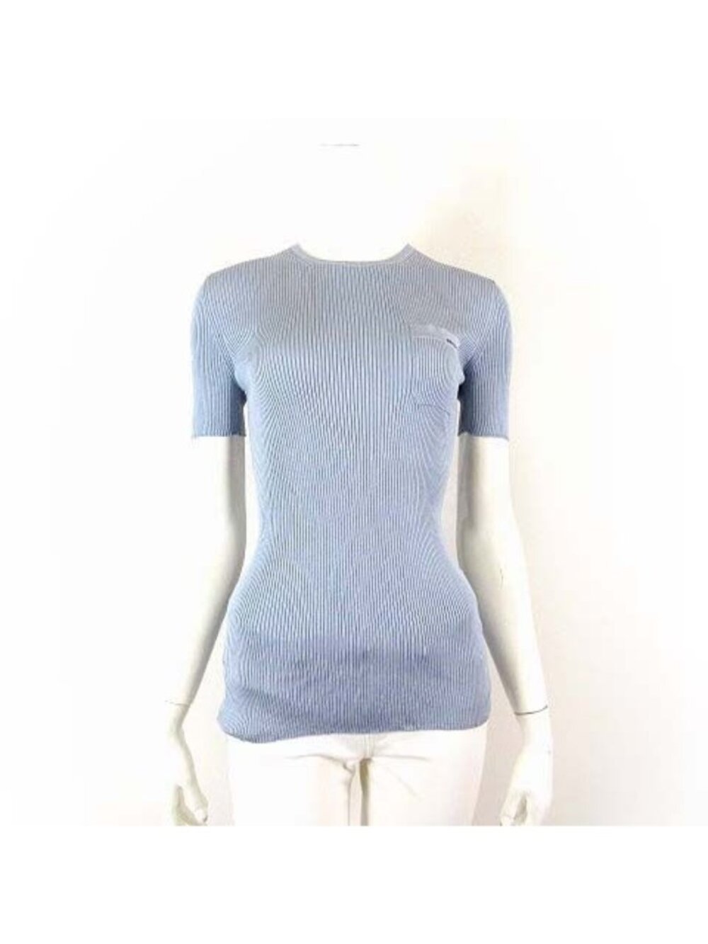 Prada Silk Rib Knit Crew Neck Short Sleeve Sweater Logo Embroidery Pocket L 42